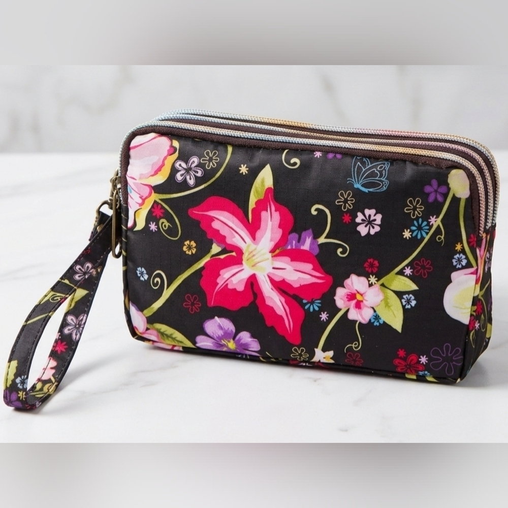 Floral Triple-Zip Wristlet Phone Concert Bag Boho Organizer Pouch Waterproof NWT